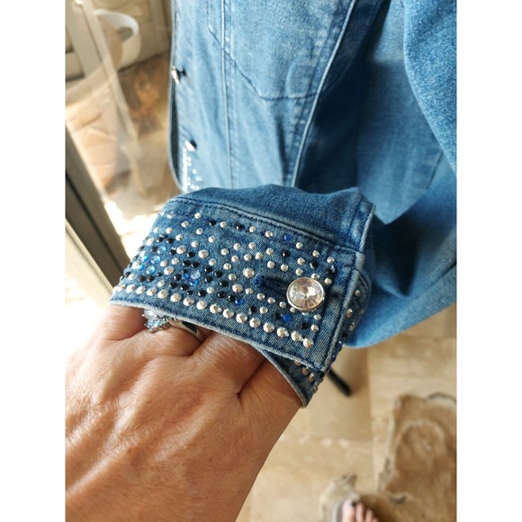Quacker Factory Blue Bling Embellished Rhinestone Studded Denim Jean Jacket sz S - Picture 8 of 14